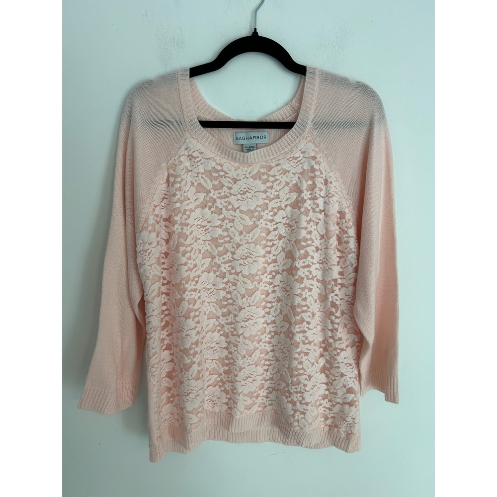 Sag Harbor Peach Pink Lace Front Knit Sweater Womens XL Raglan 3/4 Sleeve Scoop